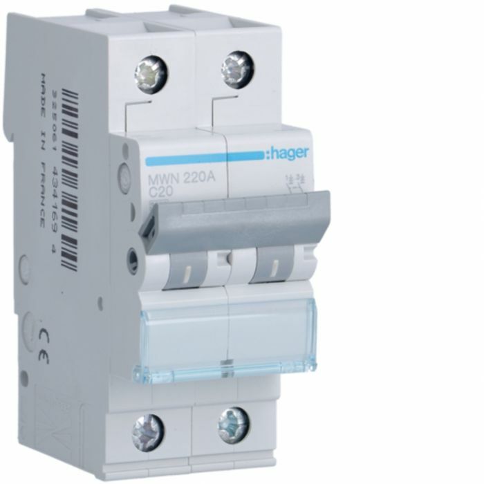 HAGER - Automaat 3kA - C - 2P - 20A - 2M - MWN220A